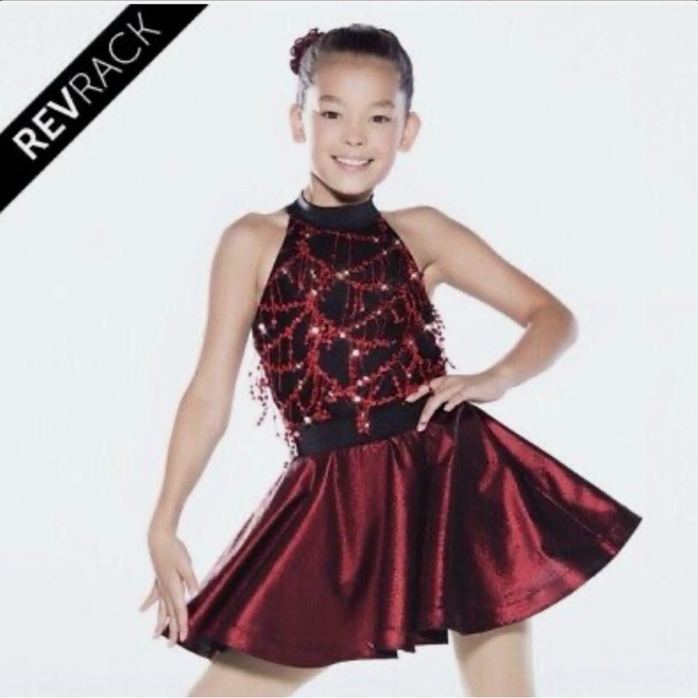 Revolution Girls' Red Metallic Dance Costume dress for competitions or recitals
